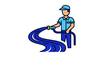 Worker in blue uniform operating a powerful water hose icon.