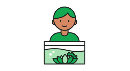 Smiling person with green hair holding a frog terrarium icon.