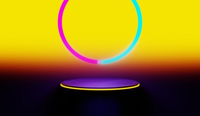 3d illustration rendering of y2k 2000s gaming technology futuristic fantasy metaverse cyberpunk sci-fi display podium pedestal stage room abstract background in neon-glow