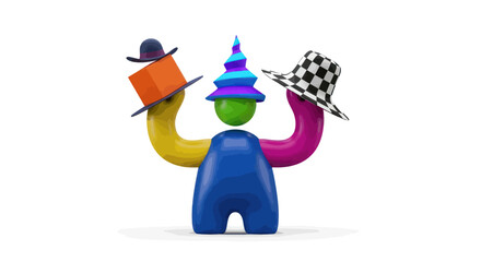 Colorful abstract 3D character balancing multiple hats.