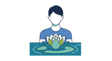 Illustration of a faceless man with a large lotus flower on water.