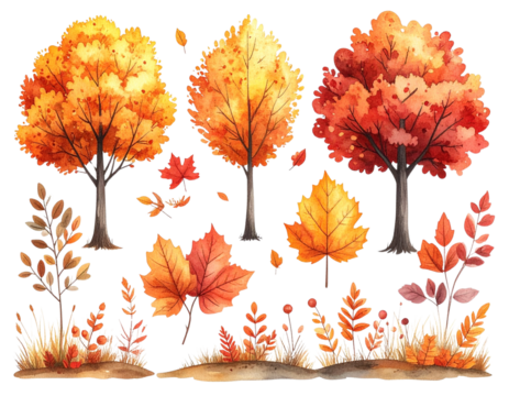PNG Charming autumn watercolor illustrations, element set on transparent background 