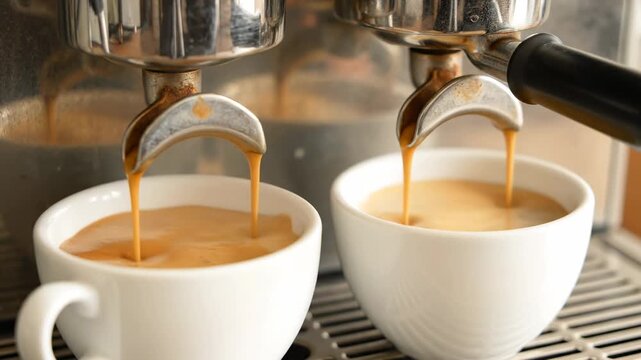 Espresso Machine Brewing Coffee - A close-up shows two white cups being filled with freshly brewed coffee from an espresso machine. The focus is on the rich crema forming on top of the coffee.