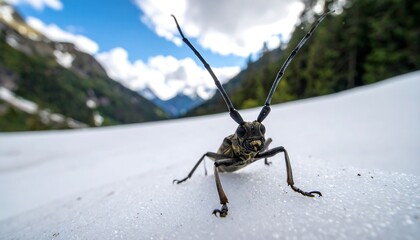 Close-up of a longhorn beetle on snow with mountains in background