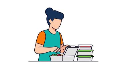 Vector illustration of a woman packing meal prep containers.