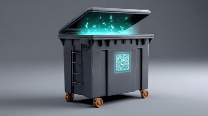 Digital Waste Container with Glowing QR Code and Neon Light