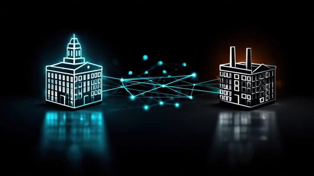 Digital Connection Between Government and Industrial Building Icons