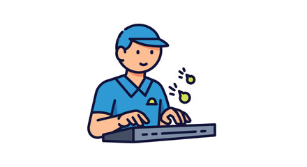 Cartoon character of a young man in a blue uniform typing.