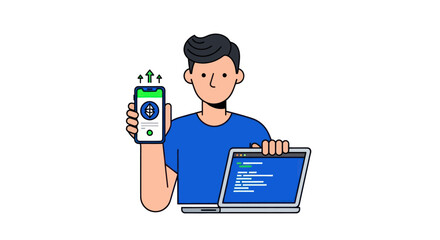 Young male developer holding a smartphone and a laptop.