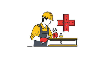 Industrial worker in safety gear tightening a bolt on a steel beam.