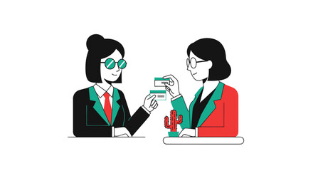 Two professional businesswomen exchanging cards in a modern illustration.