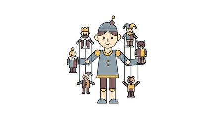 Cartoon illustration of a young puppeteer controlling marionettes.