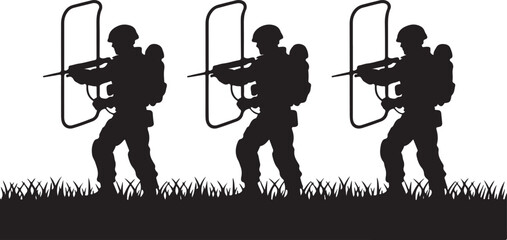Naklejka premium Three black silhouette soldiers with shields and rifles standing in grass military black and white