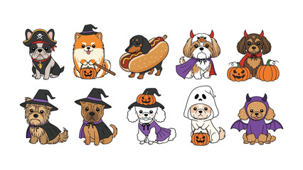 Halloween Pups' Parade: A captivating illustration showcases a whimsical collection of dogs dressed up in festive Halloween costumes, embodying the playful spirit of the season.