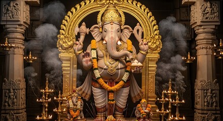 Fototapeta premium Majestic Ganesha Idol in a Temple with Incense Smoke