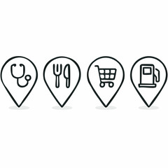 Set of 4 modern minimal line art icons featuring stylized fireflies and map pin shapes perfect for location based design concepts and navigation elements