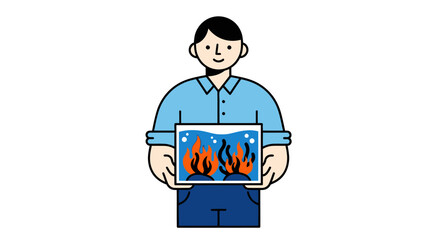Illustrated man in a blue shirt holding a picture of fire.