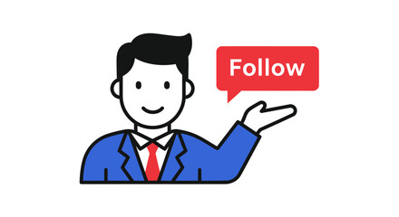 Businessman character pointing to a red follow button icon.