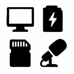 Set of four solid filled icons representing additional movie and entertainment elements for digital design projects