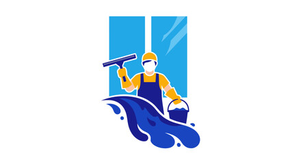 Professional window cleaner with squeegee and bucket illustration.