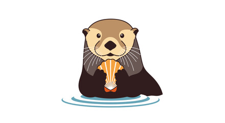 Cute cartoon sea otter floating in water holding a seashell.