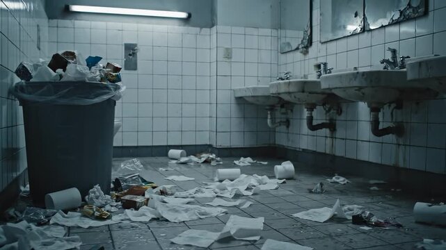 Overflowing Trash and Untidy Restroom - The video showcases an unhygienic restroom with an overflowing trash can and a paper spill scattered on the floor.