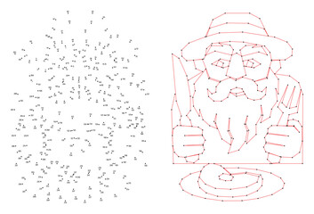 Man in a hat with a knife and fork in his hands is eating a steak. Connect the dots educational drawing game. Dot to dot by numbers puzzle. Google Font Fira Sans Condensed.