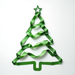 A Christmas tree, outlined with a bright green ribbon on a white background