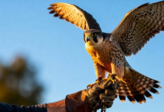 Falcon perched on gloved handler with wings spread in golden hour light, wildlife education and falconry training outdoors showcasing raptor control, conservation and bird of prey handling