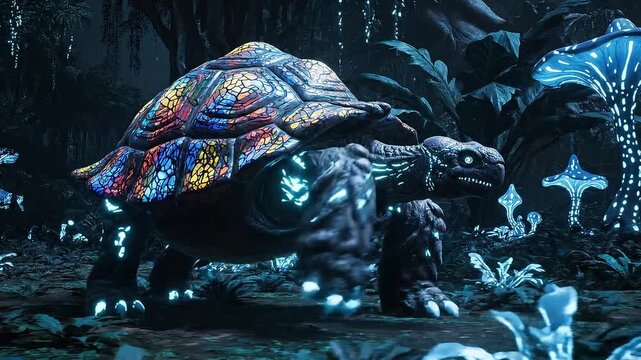 Mysterious bioluminescent turtle emerges from enchanted forest with glowing flora