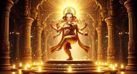 Dancing Ganesha in a Temple with Diya Lights