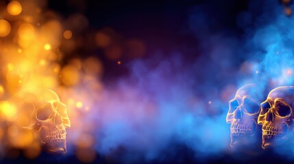 Two glowing skulls in a mystical haze of blue and orange light, creating a dramatic and eerie atmosphere
