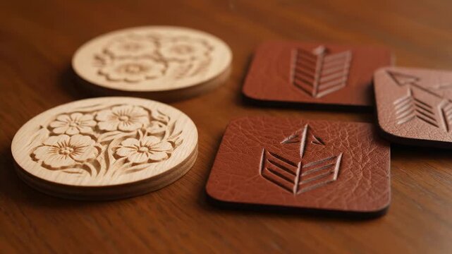 Artistic Coaster Variety - A high angle close-up presents a variety of artistic coasters on a wooden surface.
