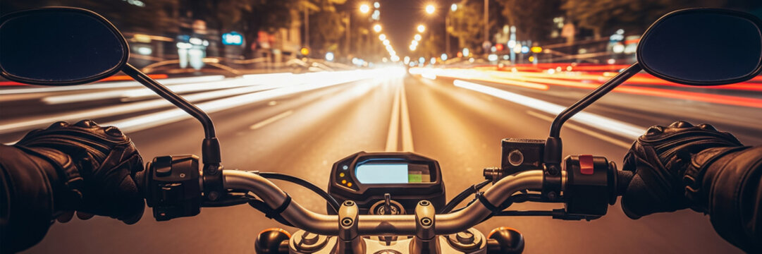The point of view of a person riding a motorcycle at night, capturing the motion blur of city traffic