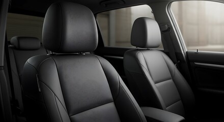 車内シートのクローズアップ撮影 快適そうな黒い革製シートが並び柔らかい光が差し込む