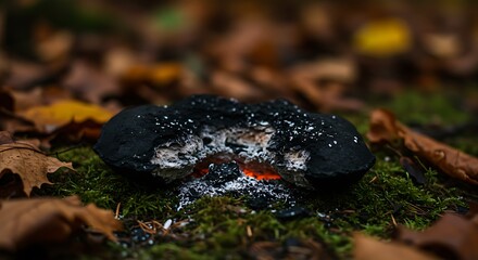 炭のクローズアップ写真 苔の生えた地面に置かれ、周囲には落ち葉が散らばる様子が捉えられている