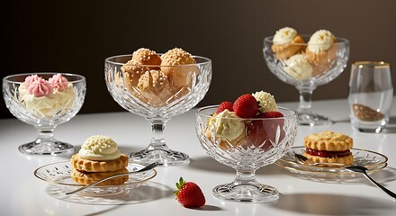 アイスクリームデザート きらめく光の中でクリスタルガラスの器に盛り付けられた甘美な誘惑