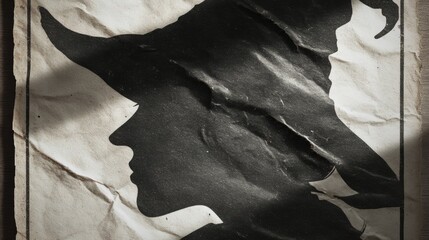 Vintage 1940s Witch Silhouette Poster with Creased Texture