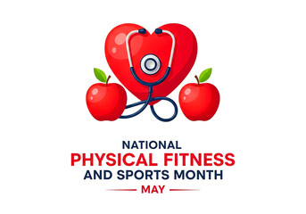 National physical fitness and sports month heart stethoscope and apples isolated on transparent background