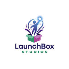 Colorful logo featuring a person emerging from an open box reaching for a star symbolizing LaunchBox Studios creativity and innovation. Editable Vector File 
