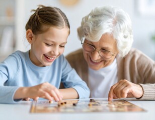 Niña y adulta mayor jugando un juego de mesa juntos, expresiones divertidas y entusiastas, ambiente cálido, estilo realista.