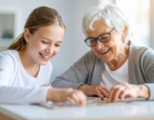 Niña y adulta mayor jugando un juego de mesa juntos, expresiones divertidas y entusiastas, ambiente cálido, estilo realista.