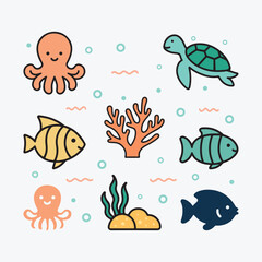 Underwater sea creatures and coral reef vector elements.