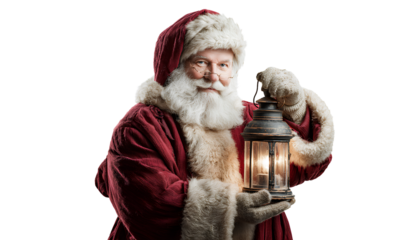 santa claus holding an antique lantern, isolated on a transparent background
