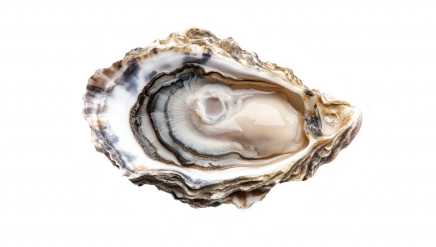A close-up view of a fresh oyster shell with its natural iridescent interior. placed on a clean white surface. highlighting its unique textures and colors. ideal for culinary presentations or seafood - Powered by Adobe