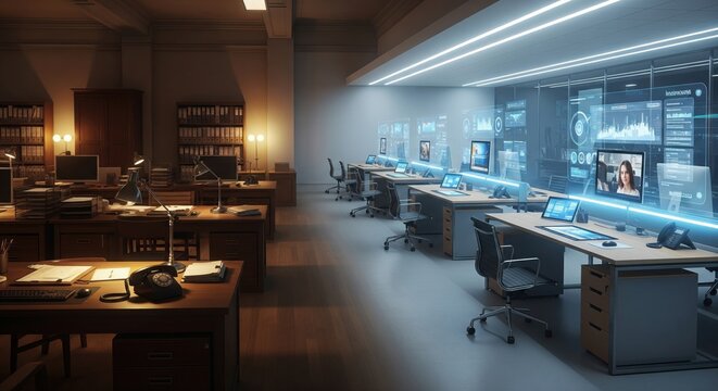 Vintage retro office space merging into futuristic modern workspace with holographic screens and digital technology, concept of evolution of work environment - Powered by Adobe