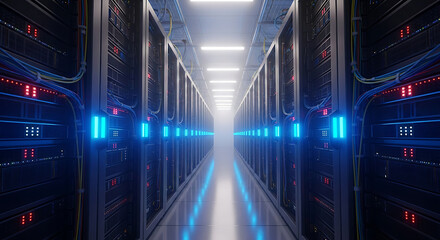 Server room illuminated by blue lights showcasing modern IT infrastructure for data management processing and network connectivity
