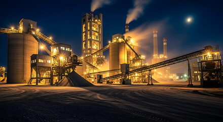 Fototapeta premium Industrial complex at night : brightly illuminated structures pierce the night sky with the moon Silos conveyor belts and chimneys visible