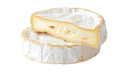 A close-up view of two rounds of creamy cheese. one partially sliced to reveal its soft interior texture. placed on a clean white background. ideal for culinary presentations or food-related content