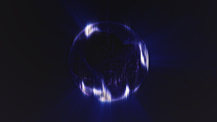 Abstract round blue sphere light glowing rays of energy and magic waves from particles and dots, abstract background.